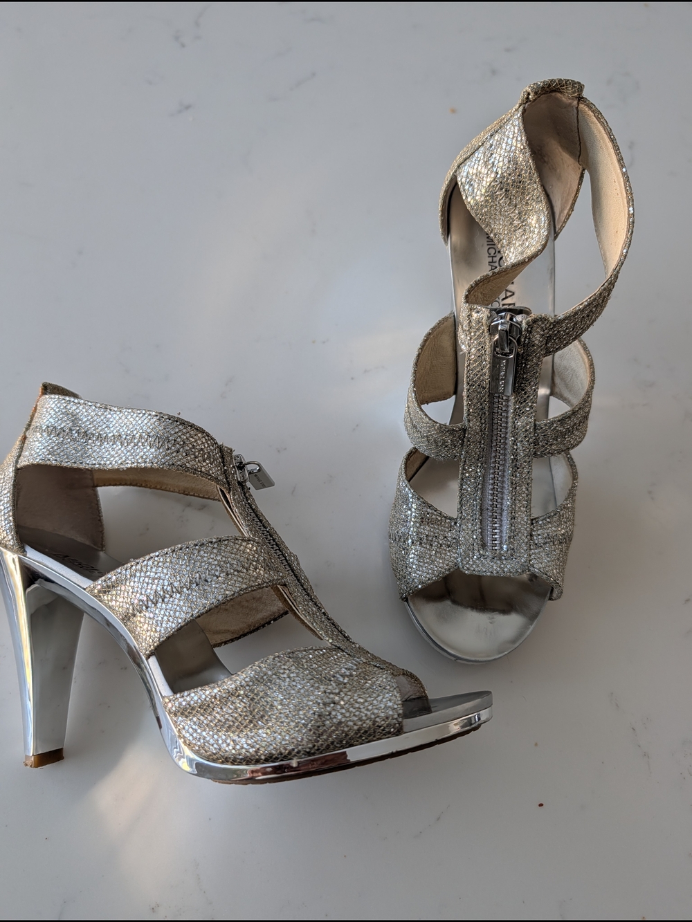 Silver And Gold Metallic Strappy High Heel Sandals - Picture 8 of 12